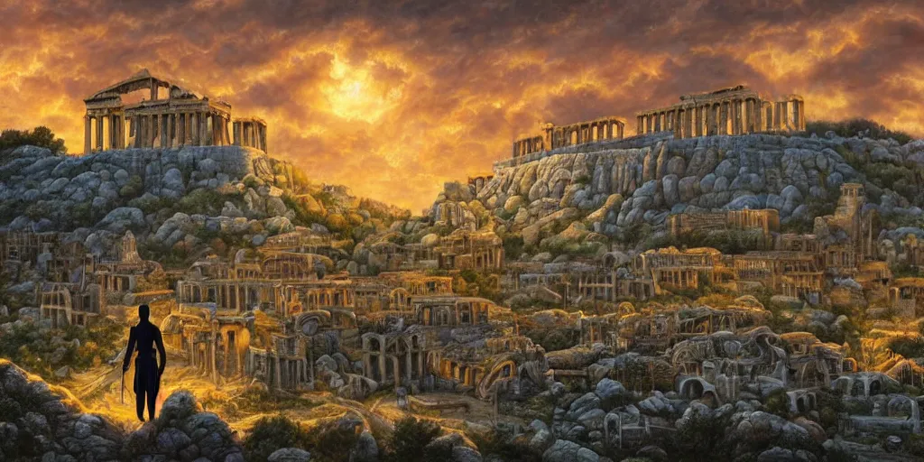 Image similar to fantasy oil painting, megalithic city of athens, fantasy, buildings, colossal, gate, looming, small buildings, warm lighting, street view, daytime, silhouetted figure standing overlooking the port city, epic, distant mountains, bright clouds, luminous sky, cinematic lighting, michael cheval, michael whelan, artstation, oil painting, vray, 8 k hd