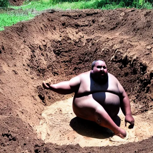 Image similar to a dramatic photo of a fat man who has dug a large hole and discovered the worlds largest yam. he is crying tears of joy.