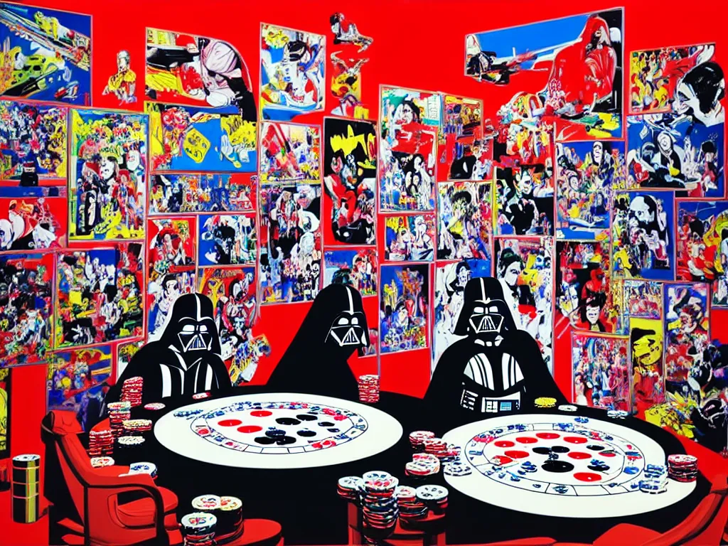 Image similar to hyper - realistic composition of a large room with an extremely detailed poker table in the center, woman in traditional japanese kimono standing nearby, darth vader sitting at the table, fireworks in the background, pop art style, jackie tsai style, andy warhol style, acrylic on canvas, dull palette