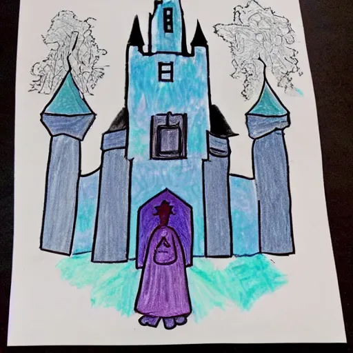 Image similar to child's drawing depiction of the castle of frozen ideal and dreams