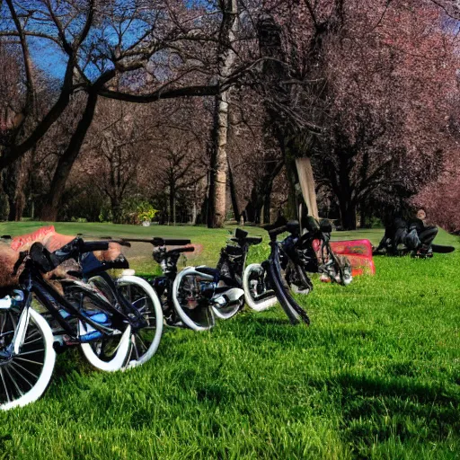 Prompt: cats stealing bycicles in a park in the afternoon, dslr photo