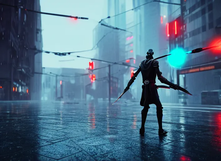 Prompt: 3 5 mm portrait photo of general grievous fighting obi wan kenobi in the city in the rain. cyberpunk horror in the style of george lucas. unreal engine render with nanite and path tracing.