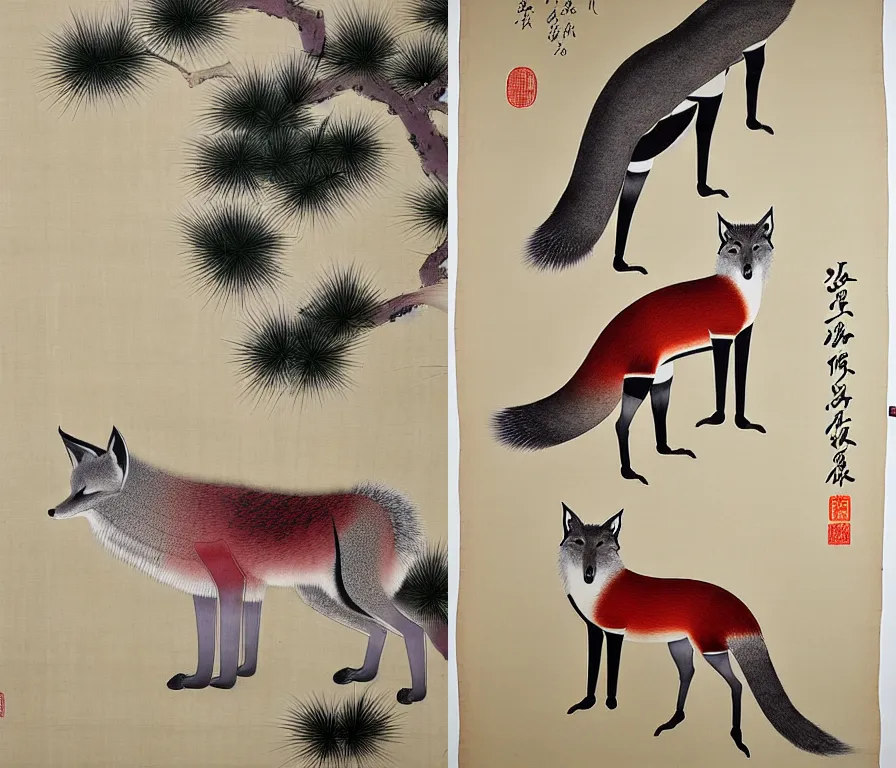 Image similar to pine, plum and grey fox, by Shen Quan, hanging scroll on wall, ink and colour on silk, muted colours, detailed