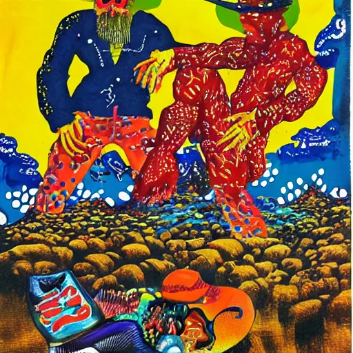 Prompt: Bodacious cowboys such as your friends will never be welcome here high in the clusterdome, mixed media, by Tadanori Yokoo