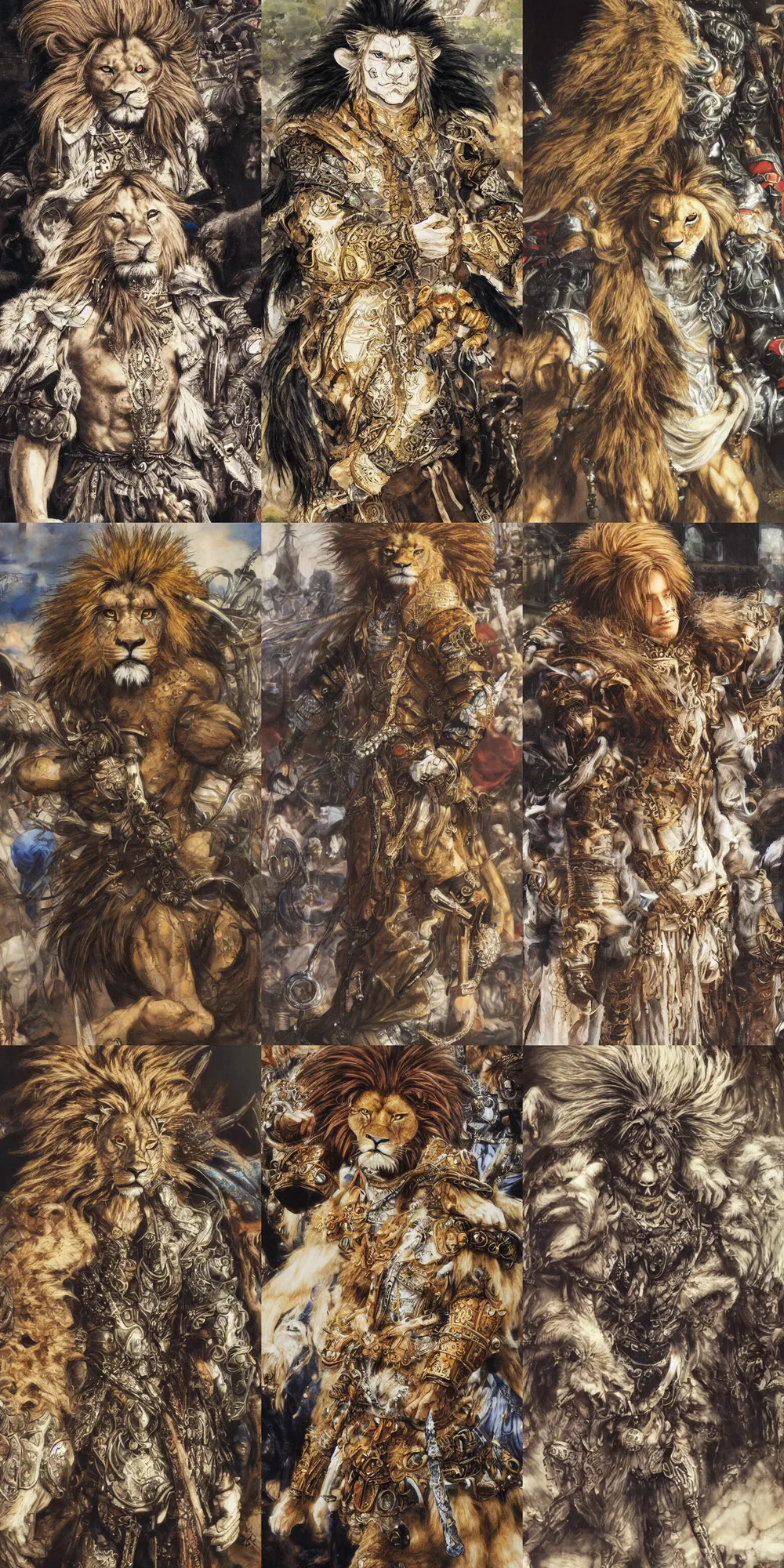Image similar to 8 k yoshitaka amano painting of upper body of a young cool looking lion beastman with white mane at a medieval market at windy day. depth of field. he is wearing complex fantasy clothing. he has huge paws. renaissance style lighting.