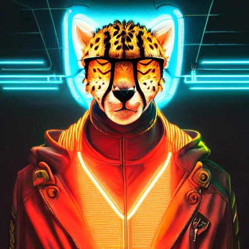 Image similar to a beautiful commission portrait of a male anthro cheetah wearing a neon jacket,futuristic,detailed face,mohawk,cyberpunk city,deviantart,artstation,art by greg rutkowski,ross tran,professional lighting,neon city,night,raytracing,highly realistic,4k,dramatic,hyperrealism