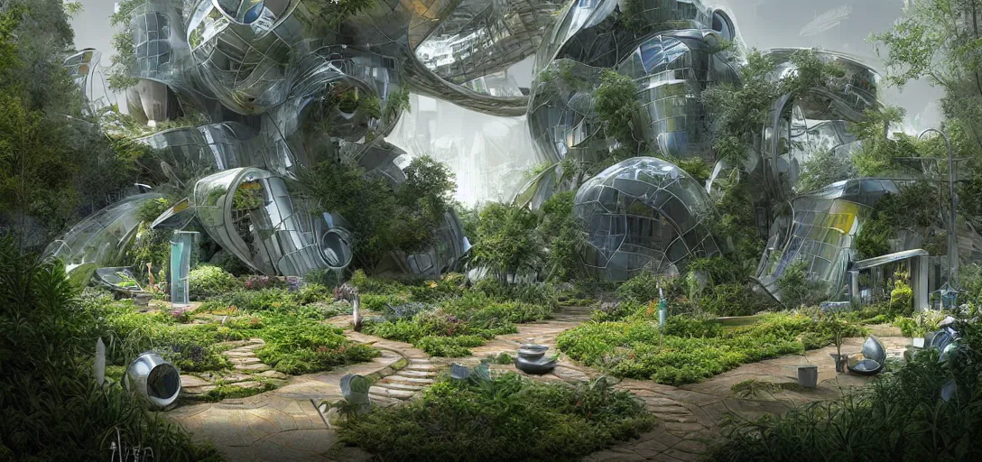 Image similar to a futuristic solarpunk garden, designed by frank gehry, sci - fi, digital art by paul chadeisson