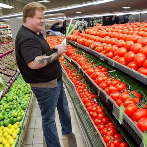 Image similar to Andy Richter placing squeezing tomatoes in the produce section of a supermarket