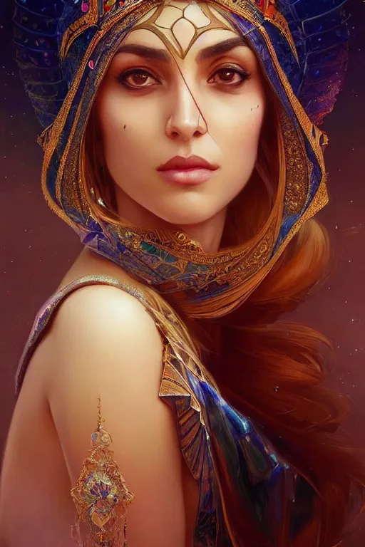 Prompt: Beautiful portrait of an attractive Persian Princess who is an architect, beautiful princess, face painting, dramatic lighting, intricate, wild, highly detailed, digital painting, artstation, concept art, smooth, sharp focus, illustration, art by artgerm and greg rutkowski and alphonse mucha, footage from space camera