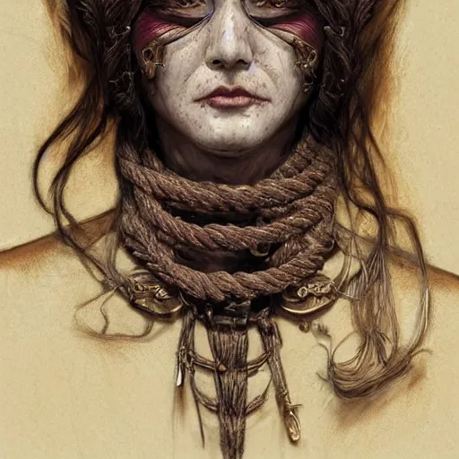 Image similar to portrait of a Shibari rope wrapped face and neck, headshot, insanely nice professional hair style, dramatic hair color, digital painting, of a old 15th century, old cyborg merchant, amber jewels, baroque, ornate clothing, scifi, realistic, hyperdetailed, chiaroscuro, concept art, art by Franz Hals and Jon Foster and Ayami Kojima and Amano and Karol Bak,