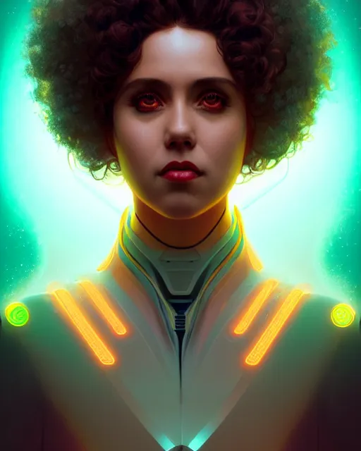 Image similar to symmetry portrait of poly styrene, sci - fi, tech wear, glowing lights intricate, elegant, highly detailed, digital painting, artstation, concept art, smooth, sharp focus, illustration, art by artgerm and greg rutkowski and alphonse mucha