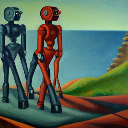 Image similar to robots marching off of a cliff, dystopian, pj crook, edward hopper, oil on canvas