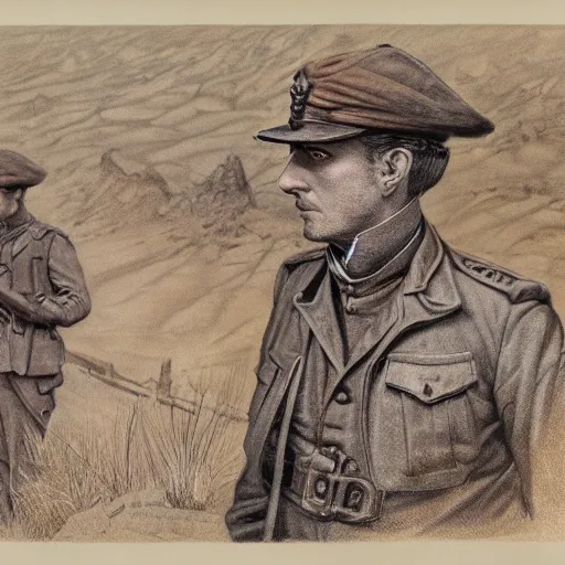 Image similar to a detailed photorealistic sepia - toned color line drawing of a 1 9 1 7 worried clean - shaven british lieutenant in detailed field gear not wearing a hat in wadi rum, ultra realistic, painted, intricate details, lovecraft, atmospheric, dark, horror, brooding, highly detailed, by clyde caldwell