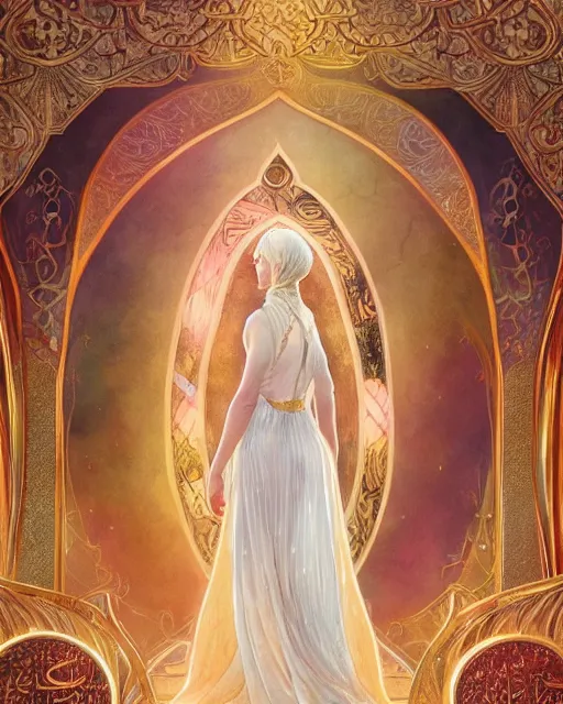 Image similar to jennifer lawrence in front of an big open quran highly detailed, gold filigree, romantic storybook fantasy, soft cinematic lighting, award, disney concept art watercolor illustration by mandy jurgens and alphonse mucha and alena aenami, pastel color palette, featured on artstation