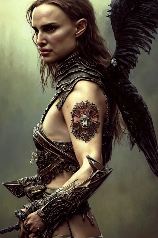 Image similar to natalie portman, ultimate warrior, heroic fighter, lord of the rings, tattoos, decorative ornaments, battle armor, by carl spitzweg, ismail inceoglu, vdragan bibin, hans thoma, greg rutkowski, alexandros pyromallis, perfect face, fine details, realistic shading photorealism