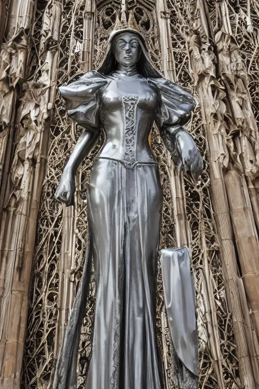 Image similar to a cinematic view of a ornated intricate gothic sacred statue of medieval maiden wizard made in light concrete, with few ornaments in shiny polished chrome, sculpted by hedi xandt and gaudi