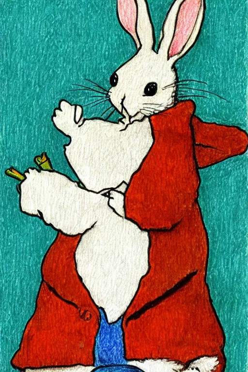 Prompt: drawing of white rabbit, holding a carrot, sitting at a desk, Beatrix Potter, turquoise