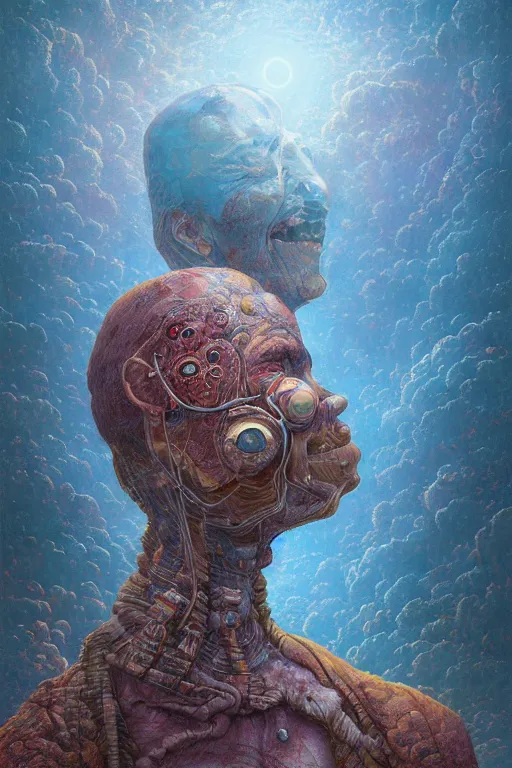 Prompt: 4K Stunningly detailed Ancient Beautiful happy portrait of a Smile inspired in beksinski and dan mumford work, 4K Upscale remixed with Simon Stalenhag work, sitting on the cosmic cloudscape