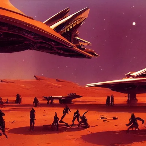 Image similar to group of nomads travelling on an alien world, cinematic lighting, science - fiction, detailed, matte painting, syd mead, john harris,