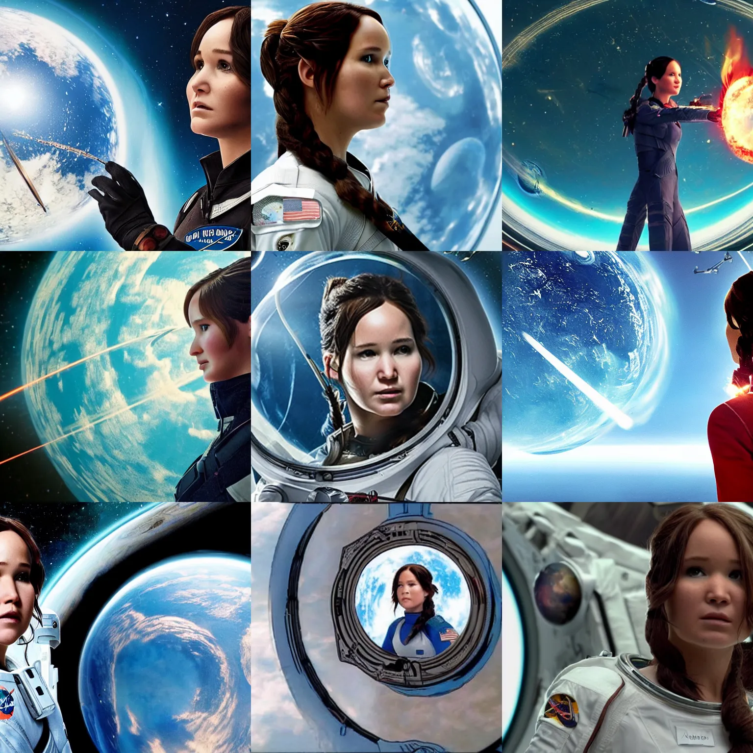 Prompt: astronaut katniss everdeen staring at a planet that has been framed in glass