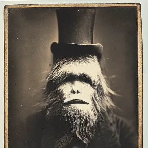 Image similar to a vintage wet plate portrait of a dignified bigfoot with a top hat and cane, extremely detailed, by julia margaret cameron!!!!!!!!!!!!!!!!!!