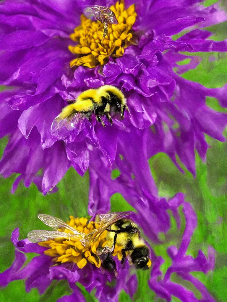 Image similar to bumble bee flying through glowing ring landing on a purple dahlia, hyper-detailed, digital art, artist Bev Dolittle