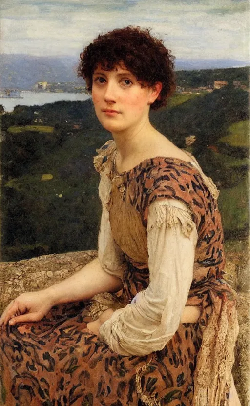 Image similar to oil portrait!!! by alma tadema of a woman looking at us, head slightly turned on the right, lake como!! in the background, short brown hair