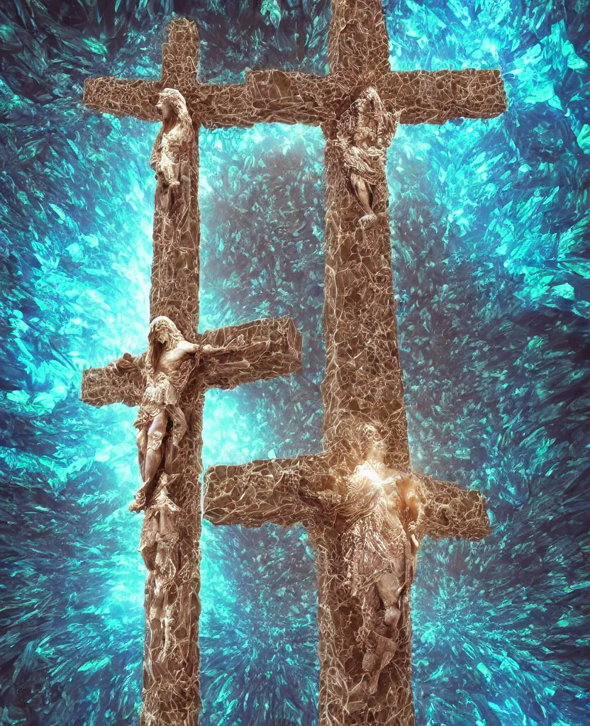 Image similar to a crystalline 3 d mandelbulb fractal in the shape of jesus christ on the cross, bioluminescent opal, fractal, magnificent lighting, ethereal, ray tracing, octane