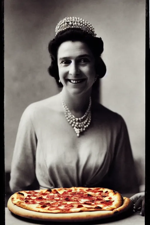 Image similar to historical photo of queen margherita ( savoy ) smiling seductively at her pizza margherita, closeup photo, portrait photo, diffuse light, acclaimed masterpiece
