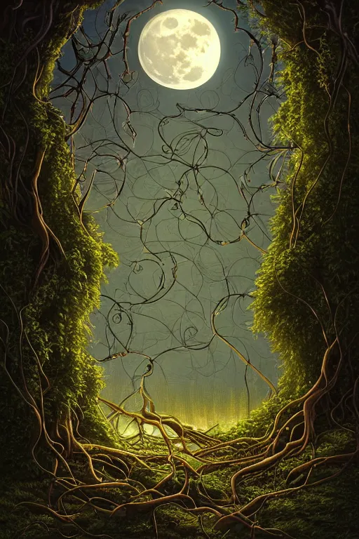 Image similar to a beautiful digital illustration painting of a detailed gothic fantasy full moon and roots, throne seat and vines by by benoit b. mandelbrot, steven belledin, martin johnson heade, lee madgwick, caspar david friedrich, and david rios ferreira. 8 k resolution trending on artstation concept art digital illustration