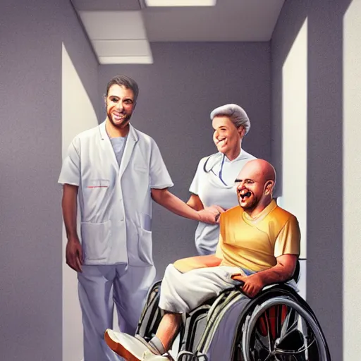 Prompt: a male patient in a wheelchair in the hospital with his wife and son standing by. happy, cheerful, smiling, intricate, face enhance, sharp focus, cinematic lighting, featured in artistation, 8 k, art by greg rutkowski, emiliya lane