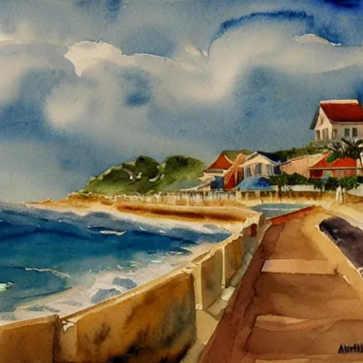 Image similar to a watercolor painting of a landscape panorama of a cozy seaside village with a menacing storm cloud on the ocean horizon, highly detailed, masterpiece, vivid colors, by anthony micallef by camille rose garcia,