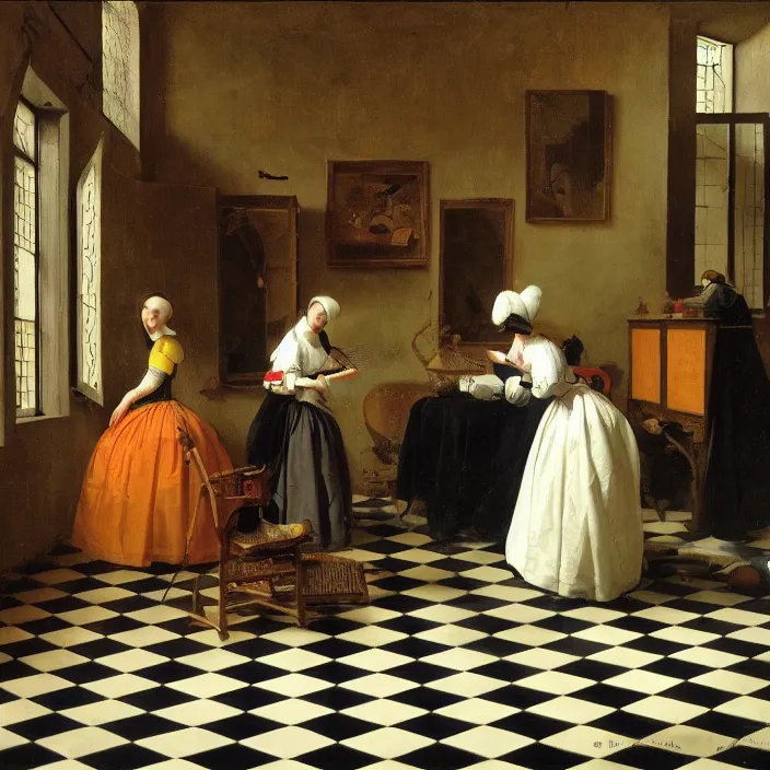 Image similar to colored painting, pieter de hooch, trending on artstation, highly detailed, black and white checkerboard floor in the middle of the rainforest, intricate, elegant