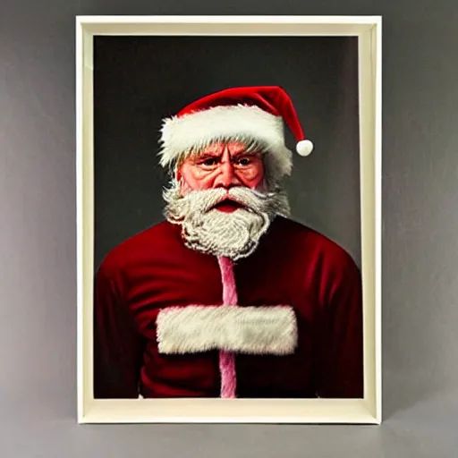 Prompt: Angry Father Christmas police mugshot Painted by Caravaggio