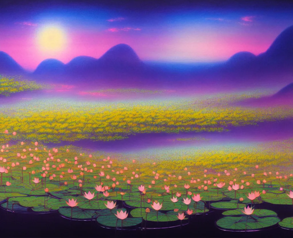 Prompt: a landscape pastel in the style of noriyoshi ohrai of a field of lotus flowers, glowing with iridescent mana, night time early dawn. key art. 4 k retrofuturistic fantasy