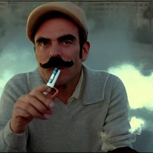 Prompt: Mario smoking a cigarette in a Paul Thomas Anderson film aesthetic!!!