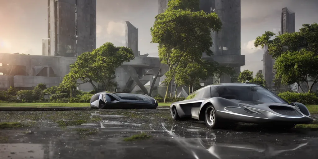 Image similar to highly detailed futuristic car, on the background brutalist architecture by Le Corbusier, abandoned buildings, empty streetscapes, surrounded by lush green vegetation, ground-level view, puddles of water, stunning volumetric lighting, sunset, trending on Artstation, 8k, photorealistic, hyper detailed, unreal engine 5, cinematic, epic lighting, cryengine, octane render, cyberpunk, red and orange glow, dark, gloomy