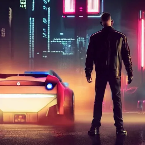 Prompt: cyberpunk Street racer wearing white shirt and black jacket standing next to red Evolution X GTR R35 S15 C3 4 door sports car coupe scene from Bladerunner 2049 Roger Deakins Cinematography movie still 2077