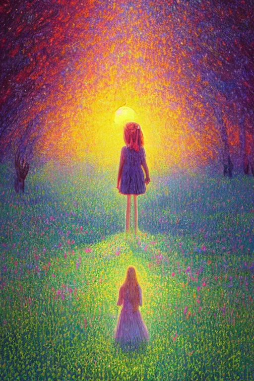 Image similar to girl with flower as a face, flower dress, standing in a flower field, big trees, sunrise dramatic light, impressionist painting, colorful clouds, digital painting, pointillism, artstation, simon stalenhag