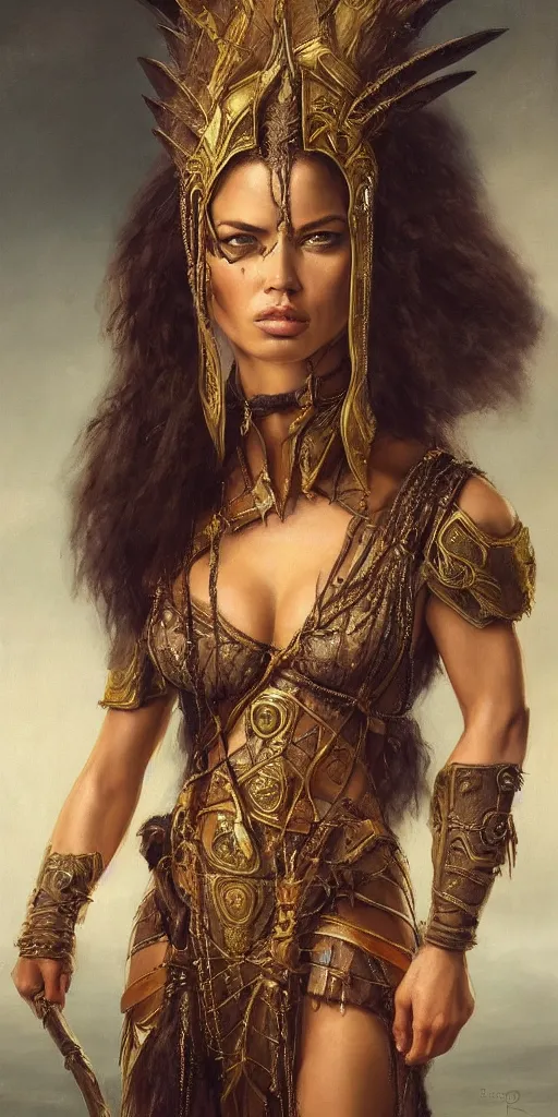 Image similar to the portrait of adriana lima as amazon in intricate dress by roberto ferri, fantasy, witcher, very detailed oil painting, masterpiece, 8 k