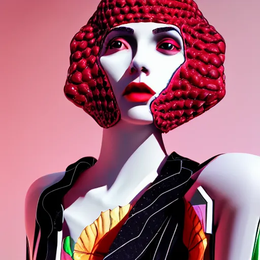Prompt: strawberry inspired avant-garde art, deco fashion, highly detailed, photorealistic portrait, bright studio setting, studio lighting, crisp quality and light reflections, unreal engine 5 quality render