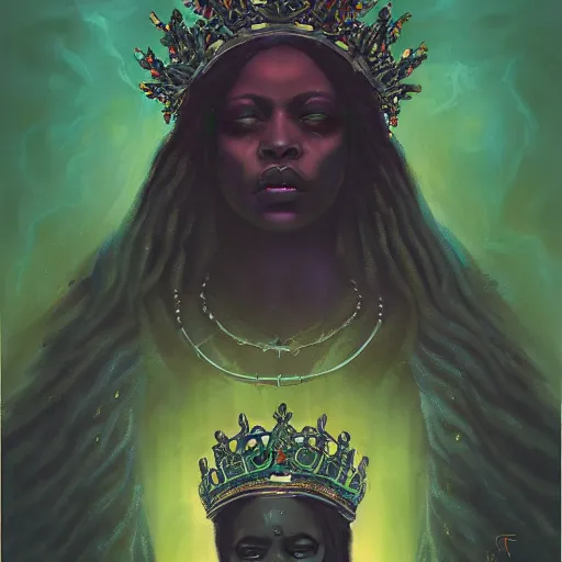 Prompt: portrait of a necromancer queen with a crown of snakes, dark skin, looking up, kneeling, despair, dramatic lighting, blue and green, by Anato Finnstark, Tom Bagshaw, Brom