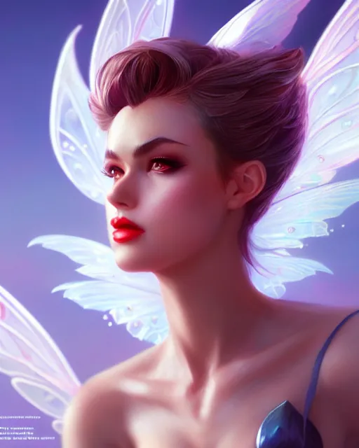 Image similar to 3 / 4 view of a woman with fairy wings, confident pose, pixie character, video game genshin impact, james dean, elegant, sharp focus, illustration, highly detailed, concept art, matte, magali villeneuve, artgerm, anime, trending on artstation