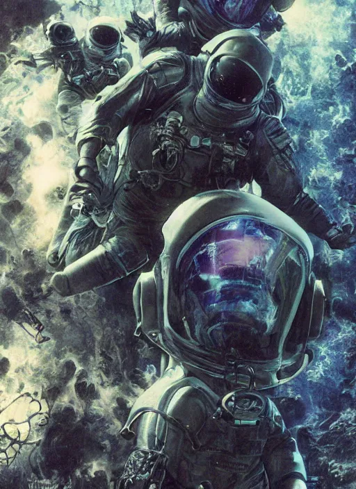 Image similar to astronauts in dark void underwater - complex and hyperdetailed technical suit. reflection and dispersion materials. rays and dispersion of light. volumetric light. f / 3 2. noise film photo. flash photography. ultra realistic, wide angle. poster by wayne barlowe, hajime sorayama aaron horkey, craig mullins