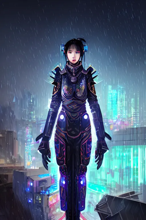 Image similar to portrait futuristic wuxia armor heroine Girl with thunder and fire sparkles and starlight, sword dance in future cyberpunk tokyo heavy rainning rooftop , ssci-fi, fantasy, intricate, very very beautiful, elegant, human structure, neon light, highly detailed, digital painting, artstation, concept art, smooth, sharp focus, illustration, art by tian zi and WLOP and alphonse mucha