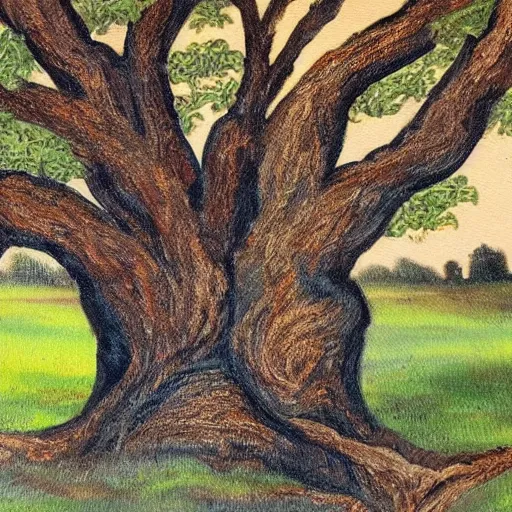 Prompt: A painting of an oak tree, with the face of an old bearded man, close up portrait of a human face in a tree