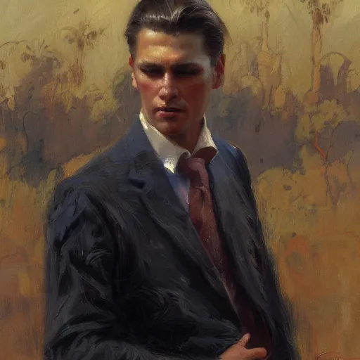 Prompt: a man with a slicked back haircut, painting by Gaston Bussiere, Craig Mullins