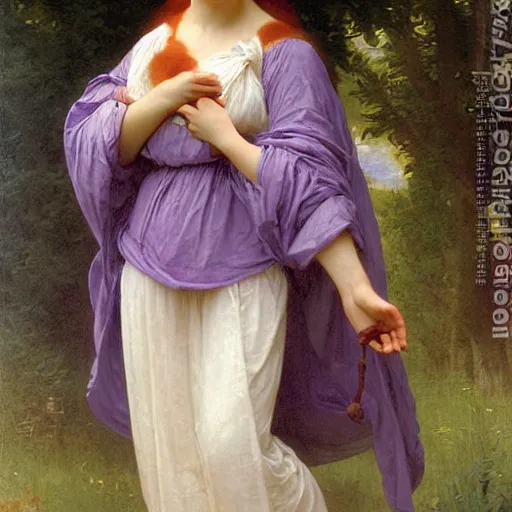 Prompt: An anthropomorphic fox maiden in a purple dress, cottagecore, by bouguereau