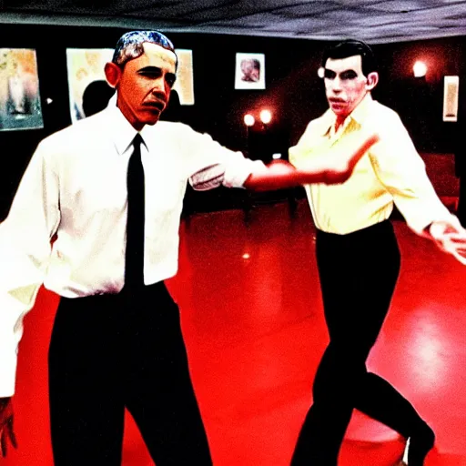 Prompt: barack obama and Hitler fighting with Kong Fu moves 80s old movie pulp fiction reflections dark shadows