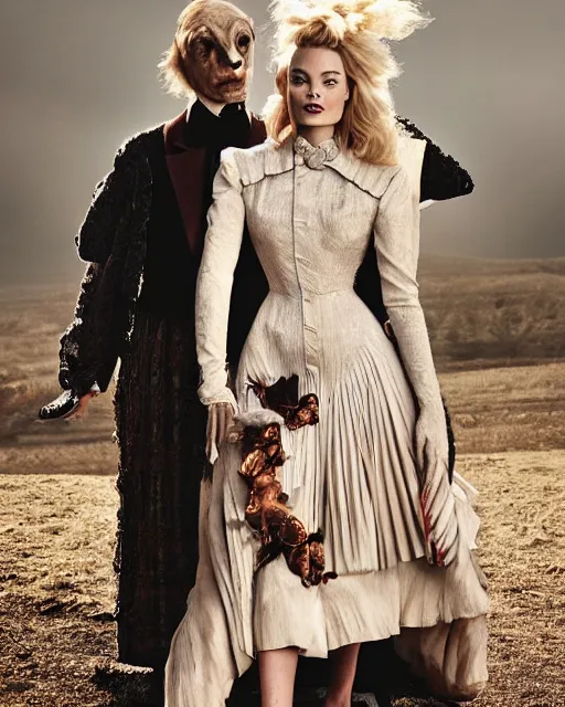 Image similar to fashion editorial of actress Margot Robbie wearing a beautiful Victorian era dress by Sandy Powell and her friend an anthropomorphic spotted hyena human hybrid model wearing Haider Ackerman, photographed in the style of Annie Leibovitz